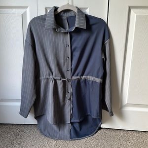 Two pieces and very comfortable material. Colors are bluish grayish. Small size